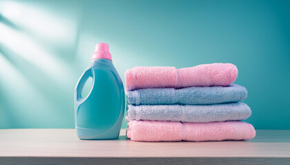 Bottle of fabric detergent and a pile of clean towels in the laundry room