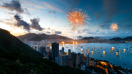 Breathtaking scenic mountaintop view with colorful fireworks over a vibrant cityscape at dusk