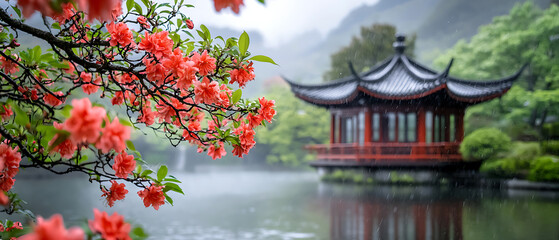 Obraz premium Tranquil serenity a blossoming retreat in a chinese pavilion surrounded by nature's beauty