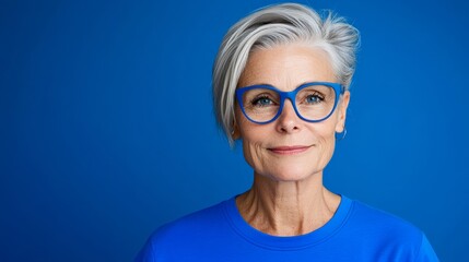 Woman with blue glasses and a blue shirt is smiling. She looks happy and content. The blue shirt and glasses give her a youthful and stylish appearance