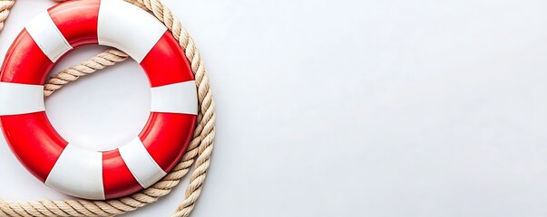 A red and white lifebuoy with rope on a light background, symbolizing safety and rescue.