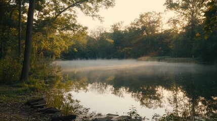 Misty morning on a still lake in the woods, with golden leaves in the trees on the far bank.