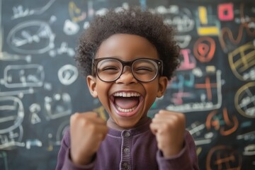 young african american happy genius in front of blackboard with math equations