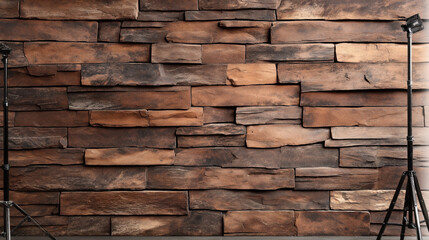 Obraz premium Brown stacked stone wall with two black photography light stands positioned on either side in a studio setting.