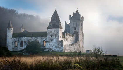 Naklejka premium A majestic medieval castle surrounded by fog, creating a mysterious and enchanting atmosphere. The ancient structure stands in a serene landscape, evoking tales of history and legend.