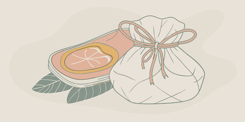 Small Batch Packaging A small artisanal cloth bag tied with twine containing a portion of labgrown meat. The label features an emblem of quality and locallygrown messaging.