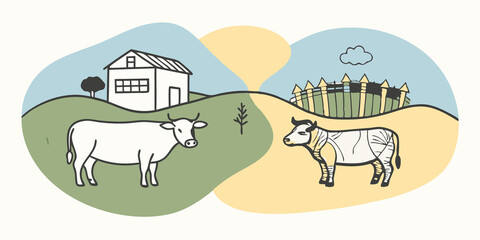 Naklejka premium Sustainability Graphic A scene showing a comparison chart between traditional meat farmings environmental impact vs. labgrown meats lower resource usage.