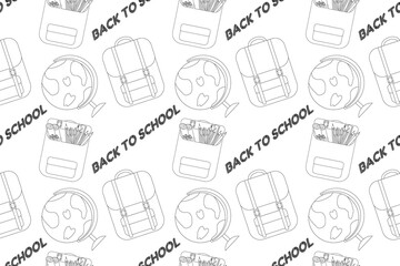 Seamless back-to-school pattern coloring page featuring school bags, globes, and stationery. Perfect for childrens creativity and learning.
