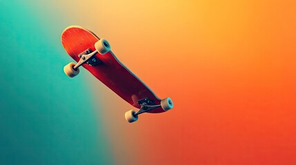 Red skateboard captured in midair against a vibrant orange and teal turquoise gradient background. This high-quality photo offers a dynamic view with ample copy space.