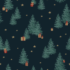 Christmas watercolor seamless pattern with christmas trees and gifts on dark background. New year illustration for print on textile, wallpaper