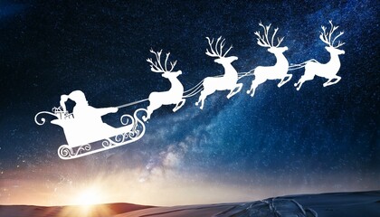 Santa flying in the night sky in the sleigh with his reindeers during Christmas