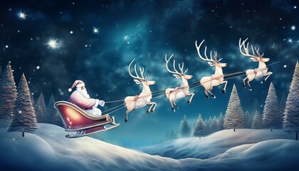 Santa flying in the night sky in the sleigh with his reindeers during Christmas