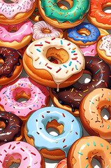A wallpaper featuring donuts with various glazes and toppings, arranged in a fun, random pattern on a light background, perfect for a cheerful bakery-themed design.