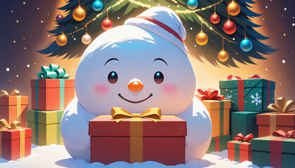Snowman, Gifts, and Christmas Tree