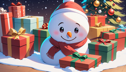 Snowman, Gifts, and Christmas Tree