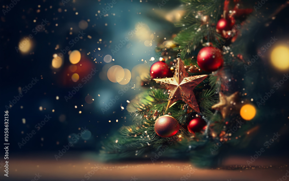 Poster a close-up of a decorated christmas tree with red ornaments and gold stars against a bokeh backgroun