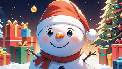 Snowman, Gifts, and Christmas Tree