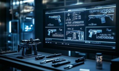 Fototapeta premium Guns, blueprints, display, dark, weapons.