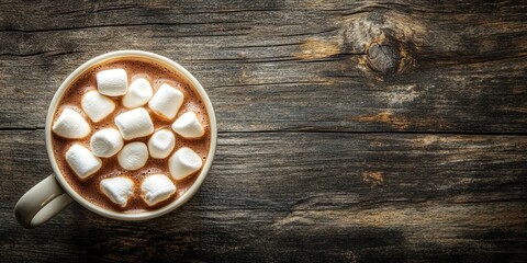 A steaming cup of hot chocolate topped with marshmallows is placed on a dark wooden table, seen from above. Enjoy the delightful sight from an overhead perspective.