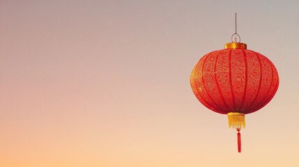 Obraz premium A vibrant red lantern hanging against a gradient sky backdrop.