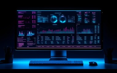 Fototapeta premium A glowing computer monitor displaying data analytics and visualizations in a dark setting.