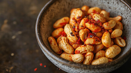 Fototapeta premium Handful of Spicy Peanuts in a Small Ceramic Dish, Capturing the Bright Red Seasoning for a Bold Snack Idea