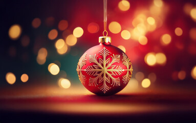 Obraz premium A single red Christmas ornament with gold snowflake design hangs in front of a blurred background of warm, golden lights.