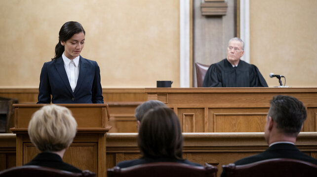 Woman Testifying in Courtroom with Judge and Jury
