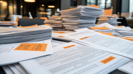 Stacks of printed documents with orange sticky notes organized on a desk in an office setting.