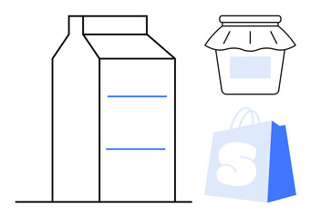 Large milk carton, jam jar with cloth cover, shopping bag with letter S. Ideal for food packaging, grocery shopping, dairy products, homemade items, and minimalistic designs. Clean, basic, minimal