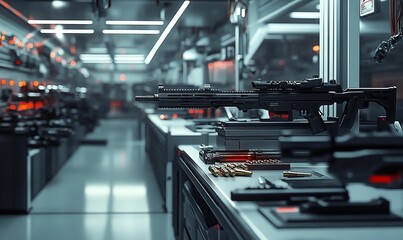 A futuristic gun on a table with ammunition.