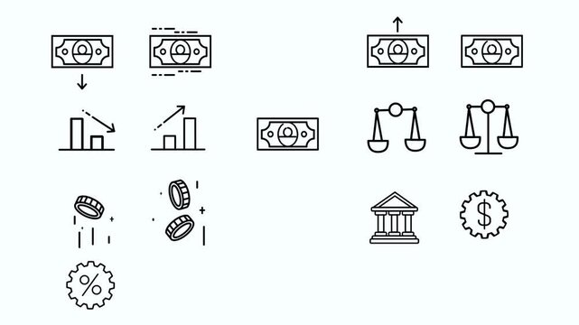 set of economy and finance icon include money, scales, bank, profit or loss bar chart, and gear in transparent background, easy to edit