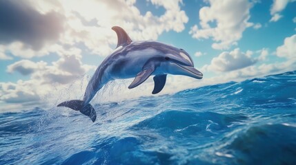 Fototapeta premium A playful dolphin leaps from the ocean surface, captured in highly detailed photography, highlighting vibrant colors and a surrealism that brings the scene to life with ample copy space.
