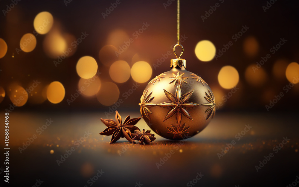 Poster A golden Christmas ornament hangs from a string with star anise in the foreground and a bokeh background.