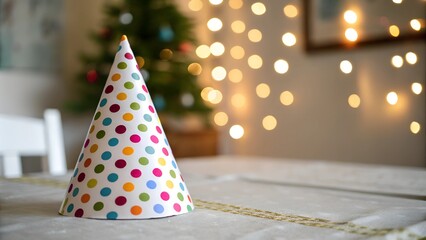 Party hat on table with festive bokeh lights