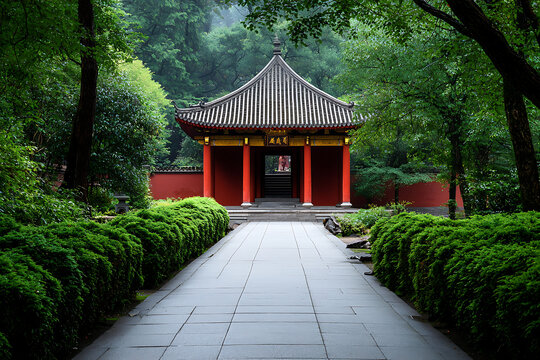 Serenity of a traditional chinese temple surrounded by lush greenery and striking red pillars