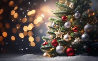 A decorated Christmas tree with twinkling lights and falling snow.