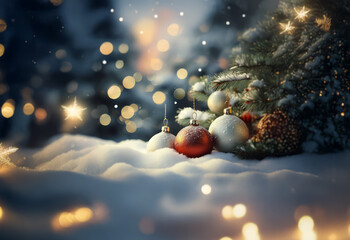 A snowy forest scene with a Christmas tree adorned with ornaments and surrounded by twinkling lights.