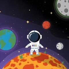 Fototapeta premium Simple space cartoon illustration and astronaut.