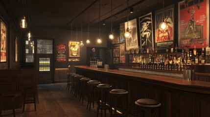 Bar with hanging Edison bulbs and vintage posters, adding a touch of nostalgia with dark wood decor and inviting bar stools
