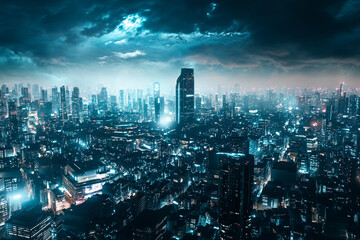 Obraz premium Glowing city skyline at night with dramatic clouds above