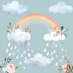 Obraz premium The light blue sky with soft, A vibrant pastel-colored rainbow arches gracefully across the sky,