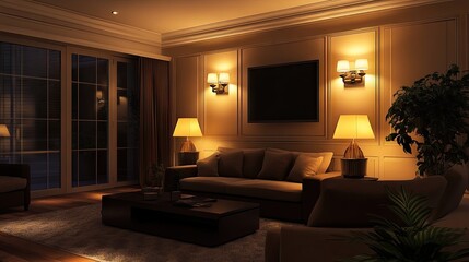 Fototapeta premium Flush wall light fixtures enhance the cozy ambiance, creating a warm and inviting lounge area environment. The photo highlights the flush wall light fixtures, perfect for any setting.