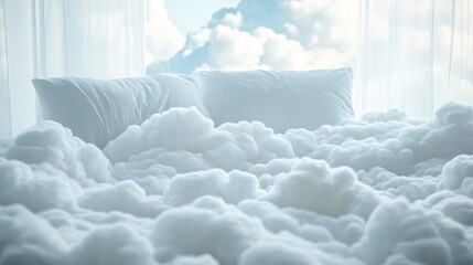 A bed with white pillows and fluffy clouds, symbolizing a comfortable and relaxing sleep.
