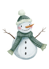 Watercolor snowman illustration, isolated on transparent background 
