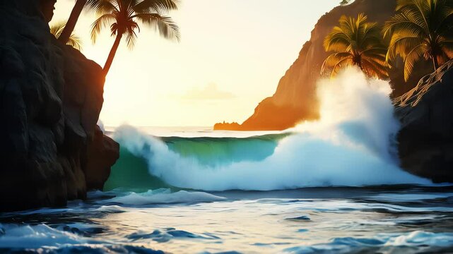 Majestic ocean waves crash against tropical cliffs at sunset