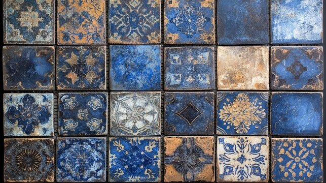Vintage blue Moroccan tiles create a captivating mosaic design, highlighting intricate patterns in old decorative stones. Perfect for emphasizing the beauty of Moroccan tile art with copy space.
