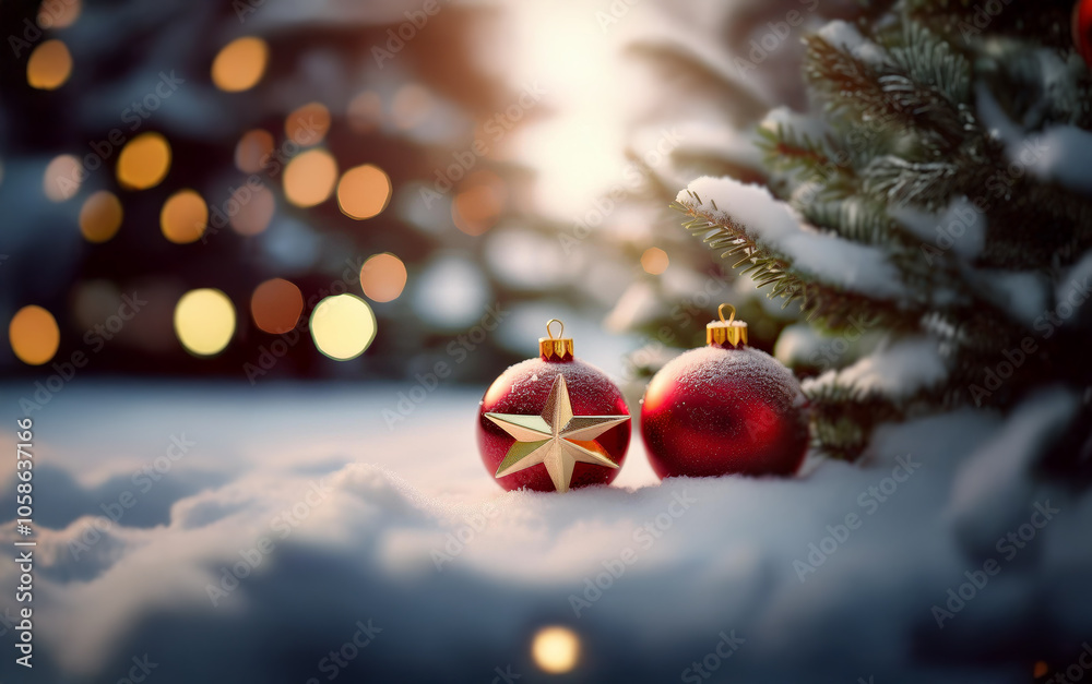 Poster two red christmas ornaments, one with a golden star, lie in the snow with a snowy evergreen tree and
