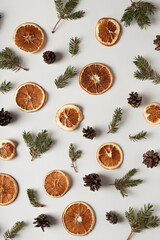 Natural organic composition with dried oranges, cones and fir twigs. Holidays concept, natural background.