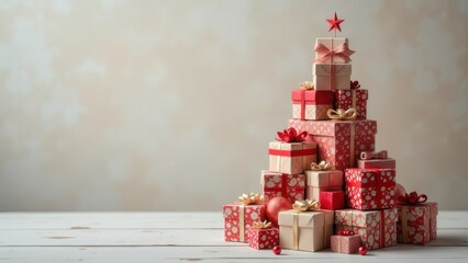 A beautifully arranged pyramid of festive gift boxes adorned with red and gold decorations, perfect for the holiday season. Background with copy space